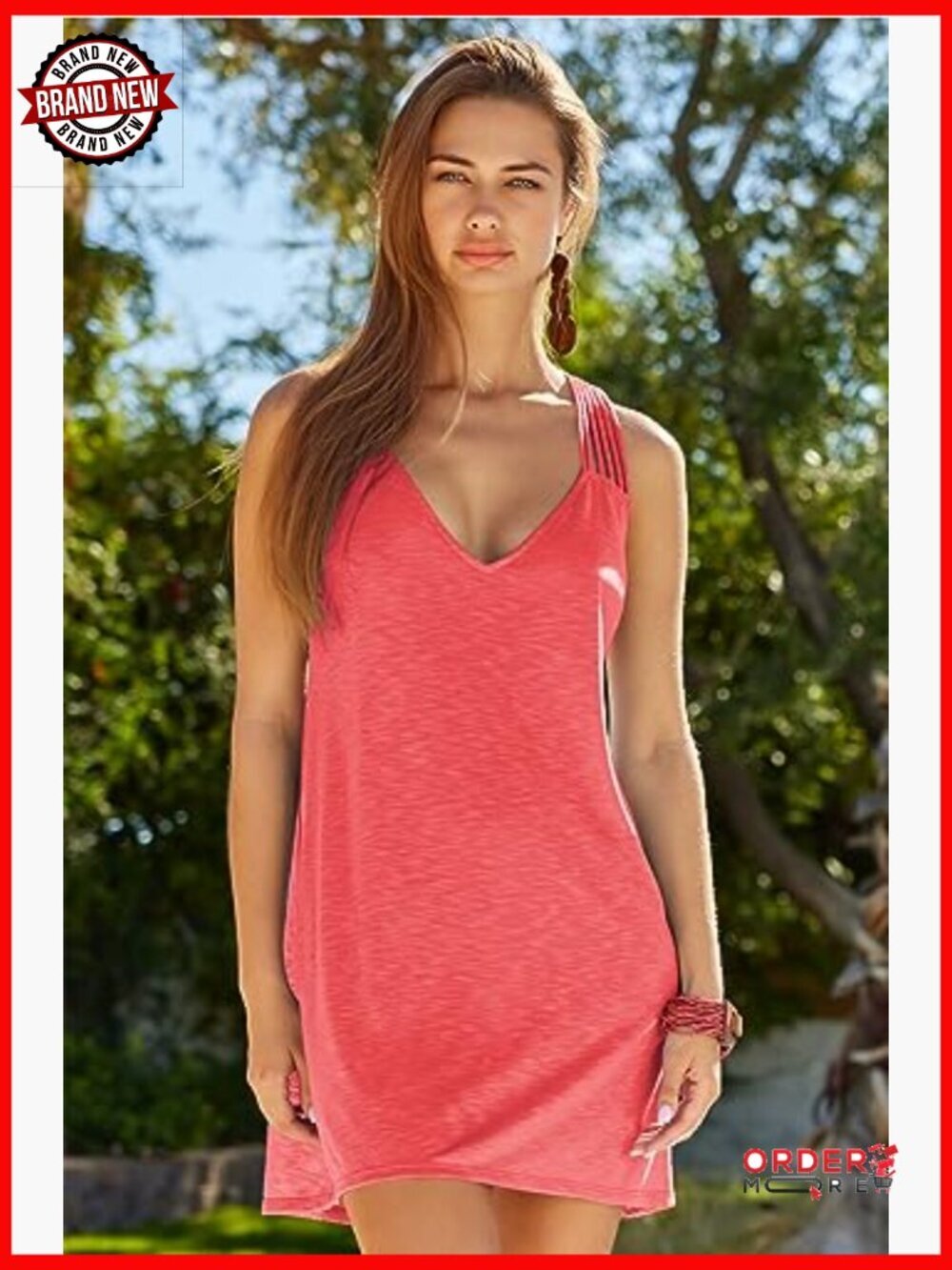 Womens Breezy Basics Dress Plunge Neck Spaghetti Straps Beach Cover Up - Picture 3 of 5